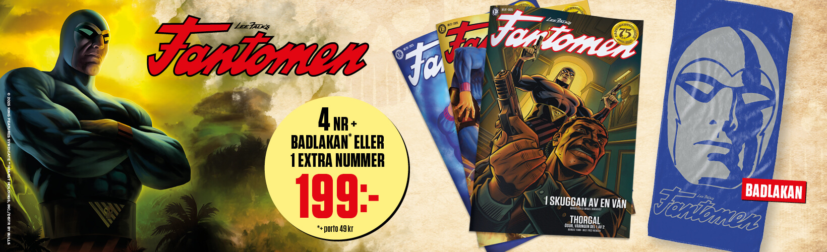 4 nummer av Fantomen + badlakan för endast 199 kr