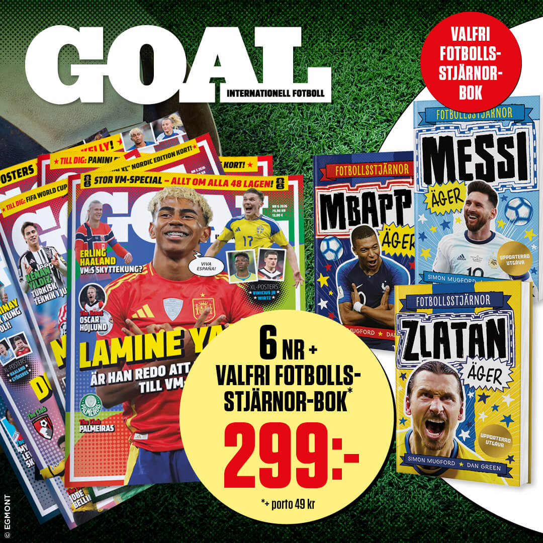 6 nummer av tidningen GOAL + Fotbollsstjärnor-bok för 299 kr + porto 49 kr